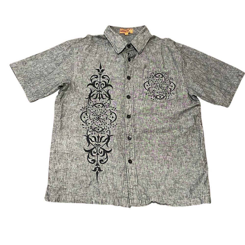 Vintage Royal Prestige Short Sleeved Button Down Embroidered Shirt Gray Black XL